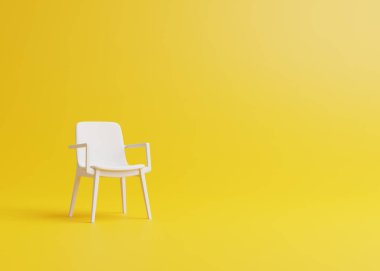 Sarı bir odada modern bir sandalye. Pastel renklerde minimalist stil kavramı. 3d resimleme