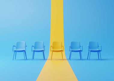Sarı sandalye mavi ve sarı arka plana karşı bir sıra sandalyeden öne çıkıyor. Pastel renklerde minimalist stil kavramı. 3d resimleme