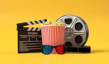 Patlamış mısır, 3 boyutlu gözlük, film makarası ve sarı arka planda el işi. Minimalist yaratıcı konsept. Sinema, sinema, eğlence konsepti. 3d resimleme