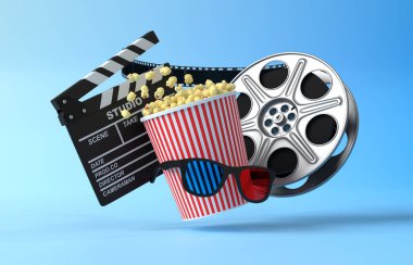 Uçan patlamış mısır, 3D gözlükler, mavi arka planda film makarası ve el süpürgesi. Minimalist yaratıcı konsept. Sinema, sinema, eğlence konsepti. 3d resimleme