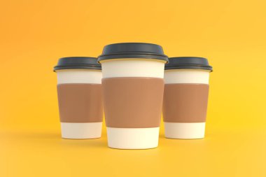 Sarı arka planda siyah kapaklı tek kullanımlık üç kahve fincanı. Minimum konsept. 3B Hazırlama 3B Görüntü