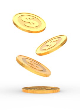 Beyaz arka planda dolar işareti olan altın madeni paralar. 3d resimleme