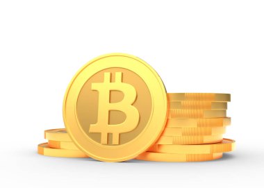 Beyaz zemin üzerinde bitcoin işareti olan altın sikkeler. 3d resimleme