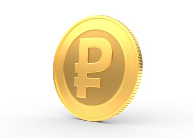 Beyaz arka planda izole edilmiş ruble işaretli altın sikke. 3d resimleme