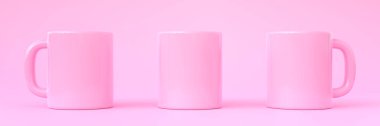 Üç pembe seramik bardak ya da kahve, içecek ya da pembe arka planda çay için boş bardak. Ön manzara. Minimum konsept. 3B Hazırlama 3B Görüntü