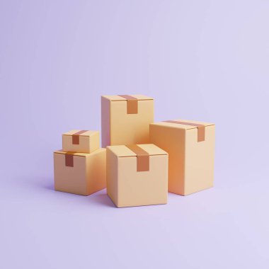 Pastel eflatun arka planda kahverengi karton kutular. Üst Manzara. Ulaşım ve teslimat kavramı. 3d resimleme