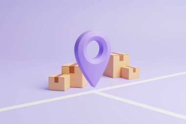 Üzerinde menekşe konum işaretleyicisi ve beyaz çizgiler olan kahverengi karton kutular. Pastel leylak arka planı. Güvenli ve hızlı teslimat kavramı. 3d resimleme
