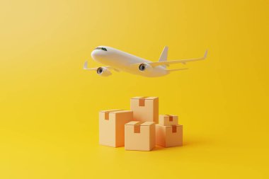 Sarı arka planda uçan uçağın altında bir grup kahverengi karton kutu. Güvenli ve hızlı teslimat kavramı. 3d resimleme