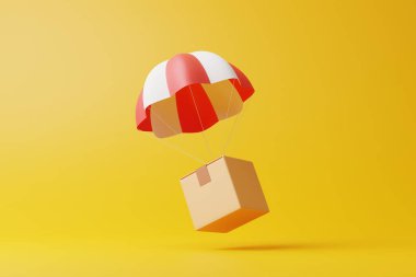 Sarı arka planda kırmızı ve beyaz paraşütlü kahverengi karton kutu. Teslimat, online alışveriş, dijital pazarlama ve iş konsepti. 3d resimleme
