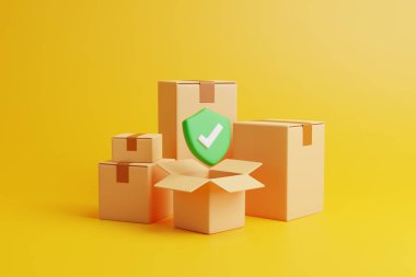 A green checkmark sign with a group of brown cardboard boxes on yellow background. Concept of safe and fast deliveries. 3d render illustration clipart