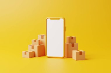 Sarı arka planda karton kutular olan akıllı telefon. Tasarımı taklit et. Teslimat, online alışveriş, dijital pazarlama ve iş konsepti. 3d resimleme