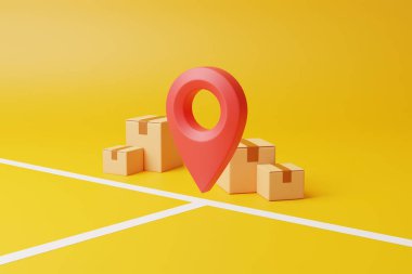 Bir grup kahverengi karton kutu ve yerde beyaz çizgiler var. Sarı arka plan. Güvenli ve hızlı teslimat kavramı. 3d resimleme