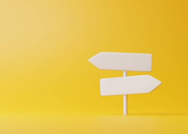 Pastel renklerde sarı arka planda beyaz yön işareti. Asgari yaratıcı konsept. 3d görüntüleme 3d