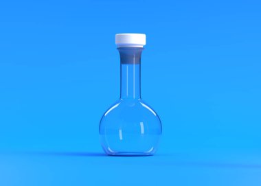 Mavi arka planda boş matara. Kimya şişesi, laboratuvar camları, ekipmanlar. Minimum konsept. 3d resimleme