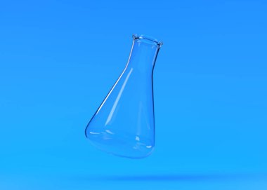 Boş Erlenmeyer matarası mavi arka planda uçar. Kimya şişesi, laboratuvar camları, ekipmanlar. Minimum konsept. 3d resimleme