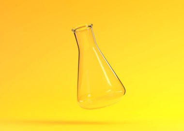 Boş Erlenmeyer matarası sarı arka planda uçar. Kimya şişesi, laboratuvar camları, ekipmanlar. Minimum konsept. 3d resimleme