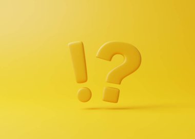 Sarı arka planda ünlem ve soru işareti. Sıkça Sorulan Sorular konsepti. Soru sor ve cevapları al. 3d resimleme