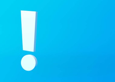 Mavi arka planda beyaz ünlem işareti. Minimum fikir konsepti. 3B görüntüleme, 3B resimleme