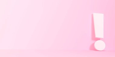 Pembe arka planda beyaz ünlem işareti. Minimum fikir konsepti. 3B görüntüleme, 3B resimleme