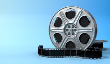 Film makarası parlak mavi arka planda pastel renklerde izole edilmiştir. Minimalist yaratıcı konsept. Sinema, sinema, eğlence konsepti. 3d resimleme
