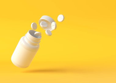 Haplar sarı arka planda şişeden uçar. Eczane ve patlama konseptiyle birlikte. Asgari yaratıcı fikir. 3B resimleme