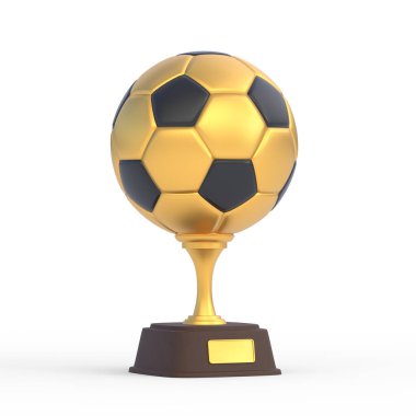 Futbol kupası beyaz arka planda izole edilmiş. Spor turnuvası ödülü, altın kupa ve zafer konsepti. 3d resimleme