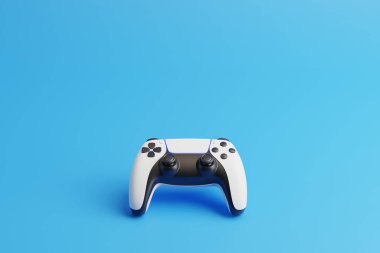 Fotokopi alanı olan mavi bir arka planda oyun sahası. Video oyunu için joystick. Oyun kontrolörü. Yaratıcı Minimal Oyun konsepti. 3B resimleme