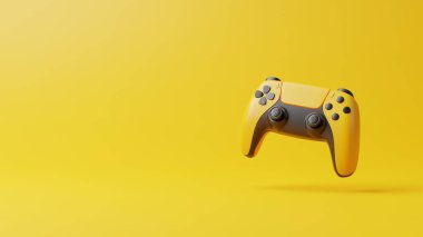 Fotokopi alanı olan sarı bir arka planda uçan bir av alanı. Video oyunu için joystick. Oyun kontrolörü. Yaratıcı Minimal Oyun konsepti. Ön manzara. 3B resimleme