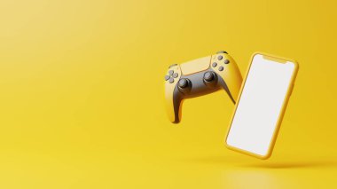 Fotokopi alanı olan sarı bir arka planda uçuş pisti ve telefon. Video oyunu için joystick. Oyun kontrolörü. Yaratıcı Minimal Oyun konsepti. Ön manzara. 3B resimleme