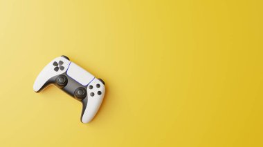 Fotokopi alanı olan sarı bir arka planda oyun sahası. Video oyunu için joystick. Oyun kontrolörü. Yaratıcı Minimal Oyun konsepti. Üst Manzara. 3B resimleme