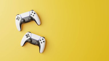 Fotokopi alanı olan sarı bir arka planda oyun sahası. Video oyunu için joystick. Oyun kontrolörü. Yaratıcı Minimal Oyun konsepti. Üst Manzara. 3B resimleme