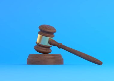 Ahşap Yargıç Tokmak mavi arka planda. Hukuk eğitimi için ödeme. Müzayedede teklif vermek. Yolsuzluğa karşı sorumluluk. Hakların korunması. Hukuk ve iyi. Vergiden kaçınma. 3d resimleme