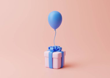 Pastel pembe arka planda hediye kutusu ve balon. Tatil dekorasyonu. Şenlik hediyesi sürprizi. Minimalist yaratıcı konsept. 3d resimleme