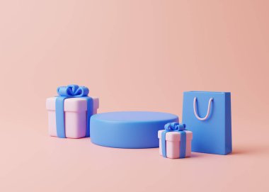 Podyum, hediye kutuları ve pastel pembe arka planda alışveriş çantası. Tatil dekorasyonu. Şenlik hediyesi sürprizi. Minimalist yaratıcı konsept. 3d resimleme