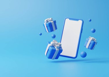 Beyaz fiyonklu ve cep telefonlu uçan hediye kutuları. Basit asgari tasarım. 3d resimleme