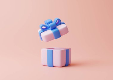 Pastel pembe arka planda bir hediye kutusu. Tatil dekorasyonu. Şenlik hediyesi sürprizi. Minimalist yaratıcı konsept. 3d resimleme