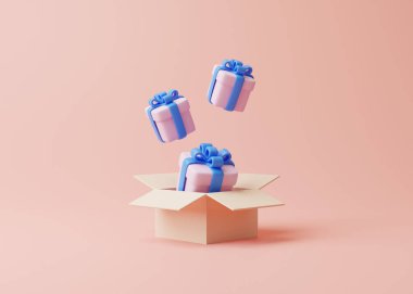 Pastel pembe arka planda hediye kutuları. Tatil dekorasyonu. Şenlik hediyesi sürprizi. Minimalist yaratıcı konsept. 3d resimleme