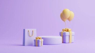 Podyum, hediye kutuları, alışveriş çantası ve pastel mor arka planda balonlar. Tatil dekorasyonu. Şenlik hediyesi sürprizi. Minimalist yaratıcı konsept. 3d resimleme