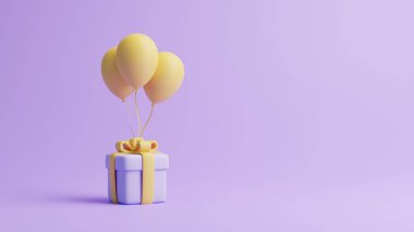 Pastel mor arka planda hediye kutusu ve balonlar. Tatil dekorasyonu. Şenlik hediyesi sürprizi. Minimalist yaratıcı konsept. 3d resimleme