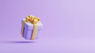 Pastel mor arka planda hediye kutusu uçuyor. Tatil dekorasyonu. Şenlik hediyesi sürprizi. Minimalist yaratıcı konsept. 3d resimleme