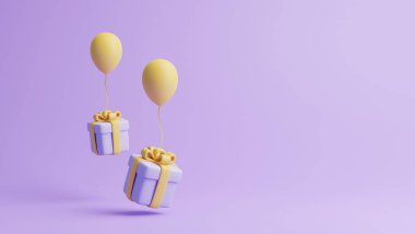 Gift boxes and balloons on pastel purple background. Holiday decoration. Festive gift surprise. Minimalist creative concept. 3d rendering illustration clipart