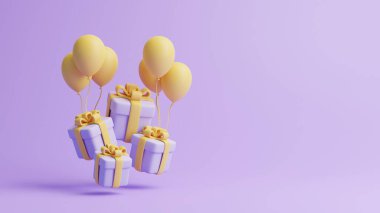 Pastel mor arka planda hediye kutuları ve balonlar. Tatil dekorasyonu. Şenlik hediyesi sürprizi. Minimalist yaratıcı konsept. 3d resimleme