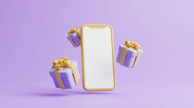 Pastel mor arka planda hediye kutuları ve cep telefonu. Tatil dekorasyonu. Şenlik hediyesi sürprizi. Minimalist yaratıcı konsept. 3d resimleme