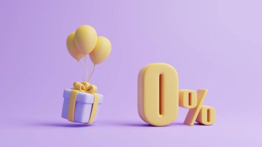 Hediye kutusu, balonlar ve pastel mor arka planda yüzde sıfır işareti. Tatil dekorasyonu. Şenlik hediyesi sürprizi. Minimalist yaratıcı konsept. 3d resimleme