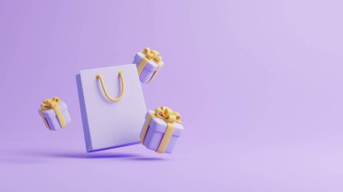 Pastel mor arka planda hediye kutuları ve alışveriş çantası. Tatil dekorasyonu. Şenlik hediyesi sürprizi. Minimalist yaratıcı konsept. 3d resimleme