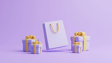Pastel mor arka planda hediye kutuları ve alışveriş çantası. Tatil dekorasyonu. Şenlik hediyesi sürprizi. Minimalist yaratıcı konsept. 3d resimleme