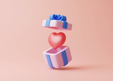 Kalbi pastel pembe arka planda olan hediye kutusu. Tatil dekorasyonu. Şenlik hediyesi sürprizi. Minimalist yaratıcı konsept. 3d resimleme