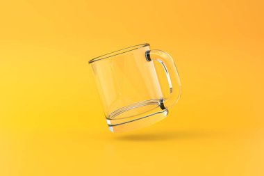Kahve, içecek ya da sarı arka planda çay için bardak ya da boş bardak. Minimum konsept. 3B Hazırlama 3B Görüntü
