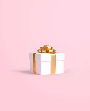 Fotokopi alanı için pastel pembe arka planda altın kurdeleli hediye kutusu. Minimum konsept fikir. 3d resimleme