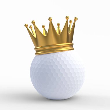 Beyaz arka planda izole edilmiş altın bir taçla taçlandırılmış golf topu. 3B resimleme